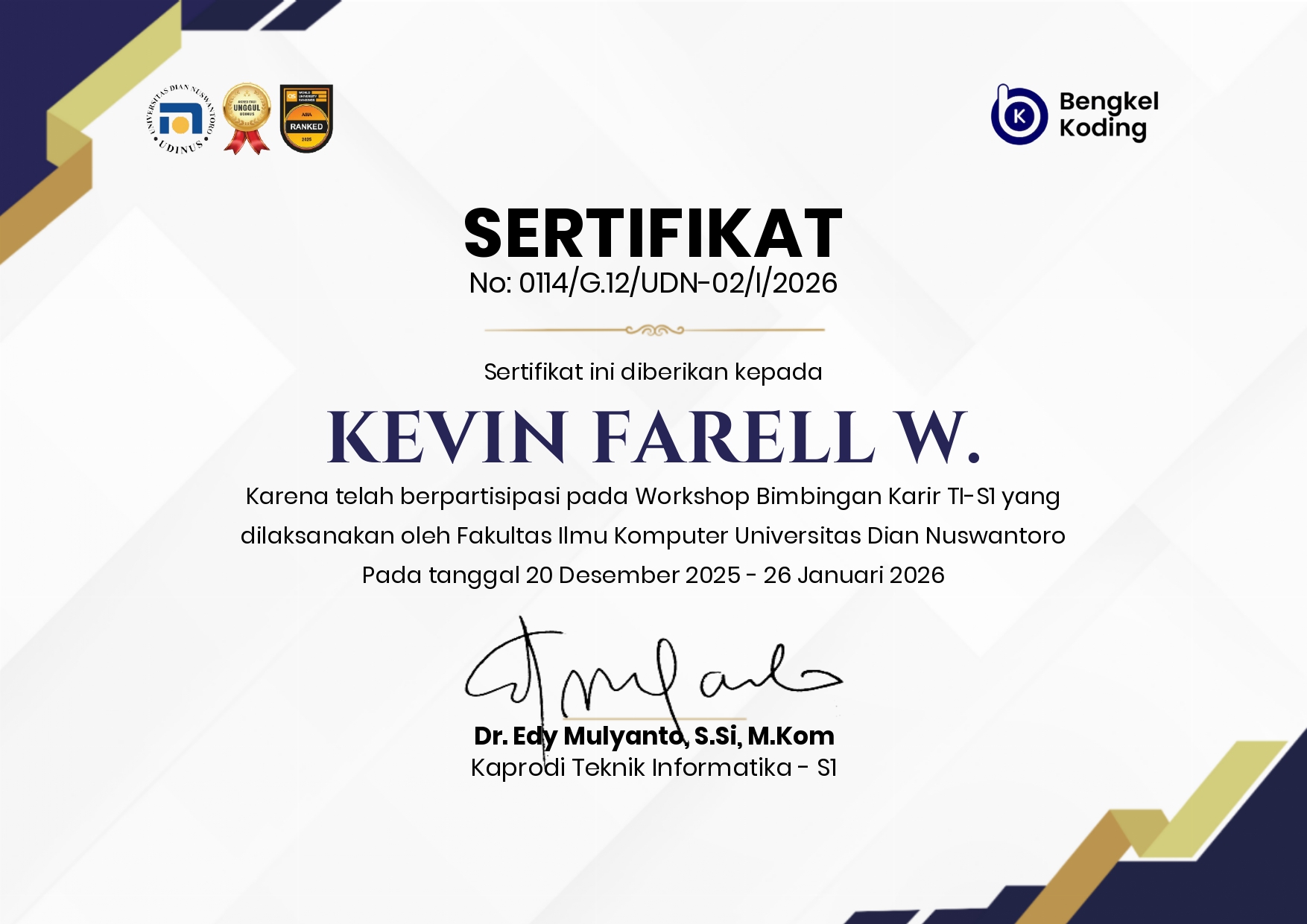 Sertifikat Workshop Bimbingan Karir TI-SI Udinus