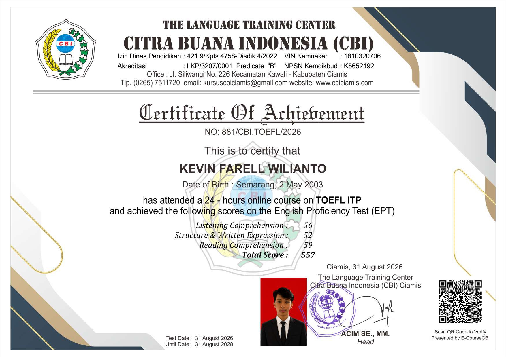 TOEFL ITP Certificate of Achievement - Citra Buana Indonesia